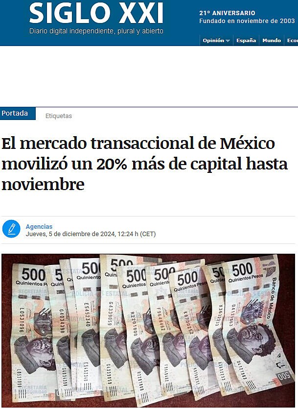 El mercado transaccional de Mxico moviliz un 20% ms de capital hasta noviembre